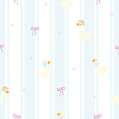 seamless pattern cute duck and pink bow with blue stripe backgound