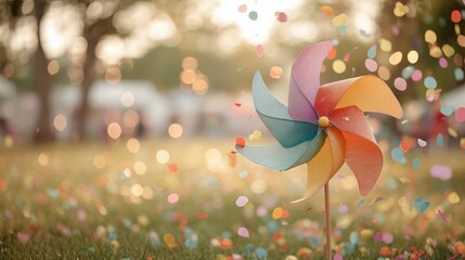 A rainbow pinwheel spins in a sunlit field with floating confetti, celebrating joy and childhood wonder on International Children's Day.