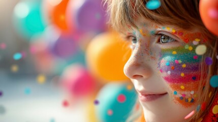 A joyful child with colorful face paint and rainbow balloons, celebrating the happiness of International Children's Day