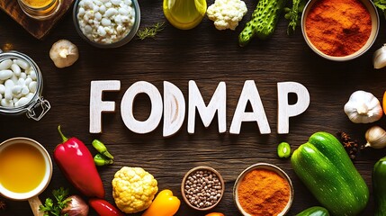 Colorful arrangement of fresh vegetables and spices surrounding the word FODMAP on a wooden table
