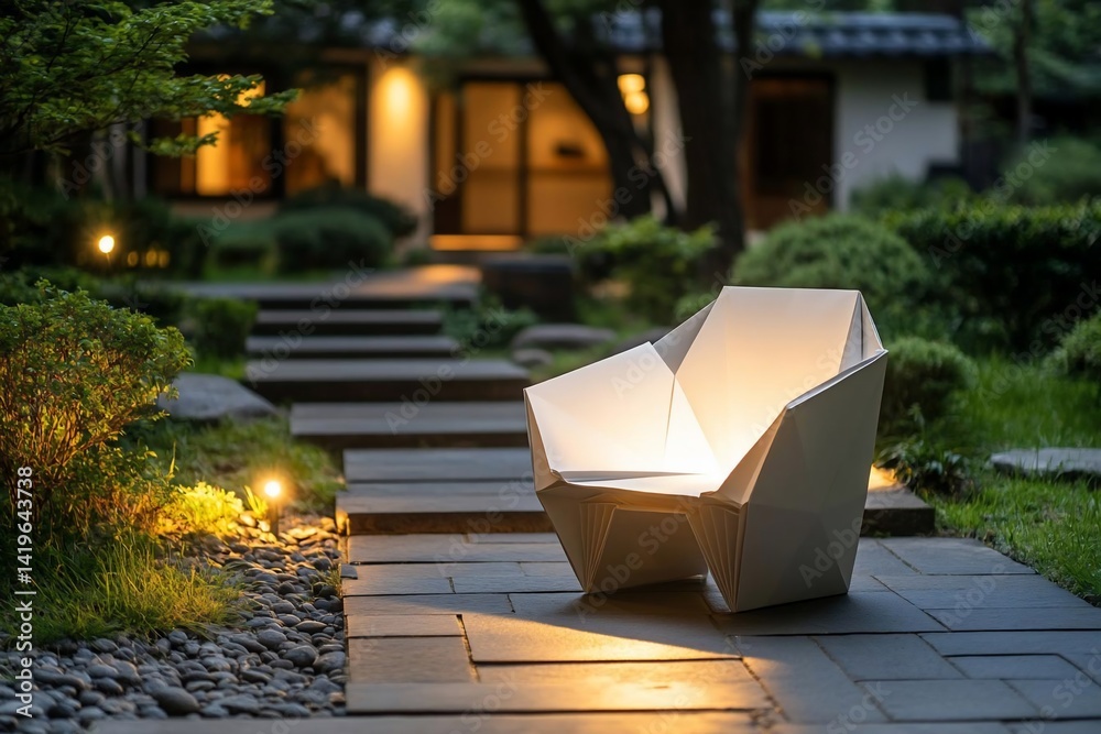 Poster Contemporary white geometric chair illuminated on a stone path in a serene garden setting with ambient lighting and a blurred background highlighting the architecture