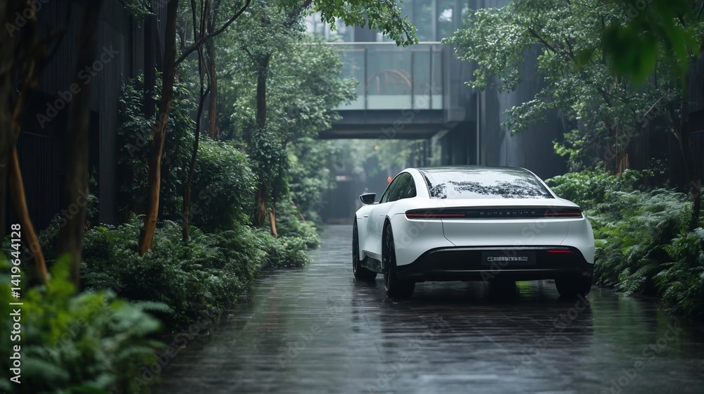 Aufkleber generic car parked on wet road in a lush green environment surrounded by trees and foliage. architec