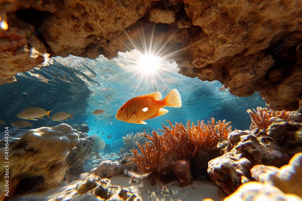 Poster underwater scene with coral reefs and fish. sunlight filters through the water creating a bright and