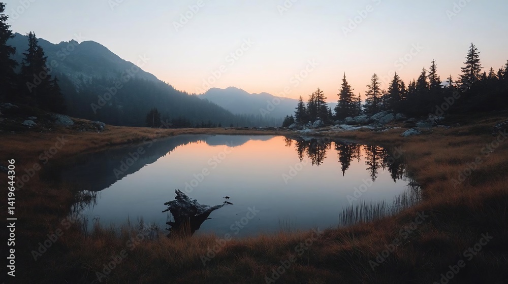 Poster serene landscape with a calm lake reflecting the sky surrounded by trees and mountains during sunset