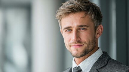 Young man smiling confidently in professional attire, conveying success and self-assurance in a modern workplace.