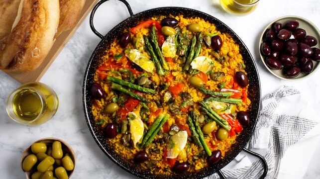 Lunch food Spain featuring arroz con verduras vegetable paella rich in saffron and seasonal produce vegetarian delight served in rustic pan on clean white kitchen background top down view