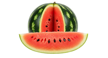 A watermelon cut open with a slice laying in front of it on a black background in a studio shot...