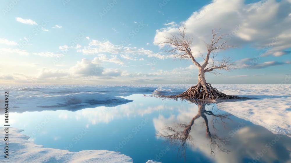 Fototapete a solitary tree with exposed roots stands reflected in a tranquil pool of water against a backdrop o