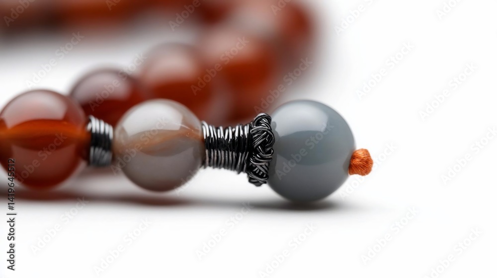 Poster close-up of prayer beads with orange, gray and brown spheres. isolated on white background with blur
