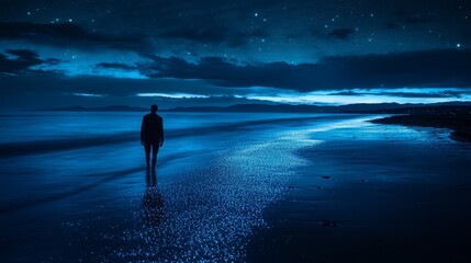 Fototapeta premium Silhouette of Person Walking on a Starlit Beach at Night