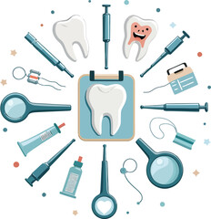 Obraz premium Dental care illustration vector design for healthy teeth and oral hygiene dentist tools and equipment