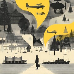 Air travel aspirations: A stylized illustration depicting a person standing on a path with thought bubbles showing different transportation methods.