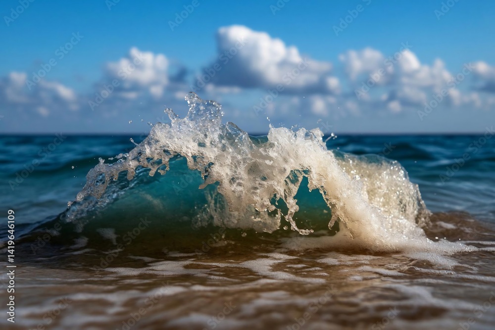Poster close up view of wave cresting with sea foam and sea spray with blue sky background and ocean. selec