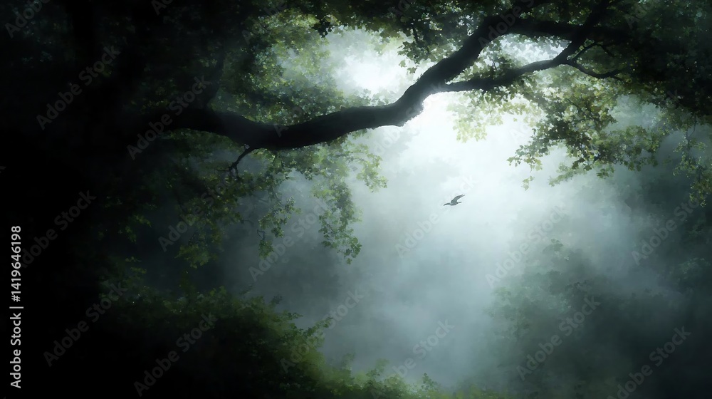Fototapete sunlight filters through lush green foliage creating a mystical forest scene with atmospheric fog an