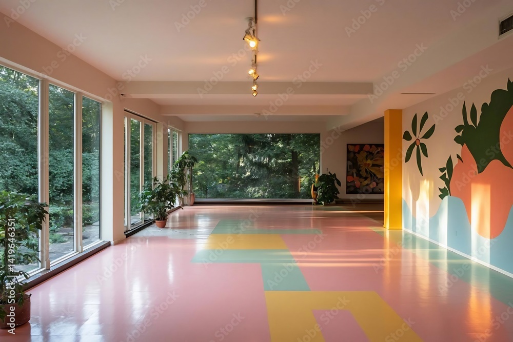 Poster spacious modern interior with large windows overlooking lush greenery colorful patterned floor and w