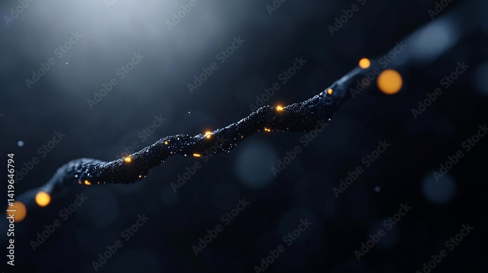 Poster Abstract curved line with glowing orange dots against a blurred dark background emphasizing depth and texture suggestive of energy or communication networks. Bokeh effect