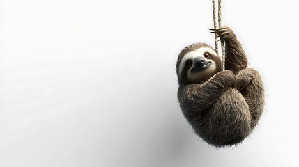 A brown and white sloth hanging from a rope