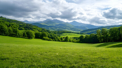 Obraz premium Green Valley With Rolling Hills And Mountains