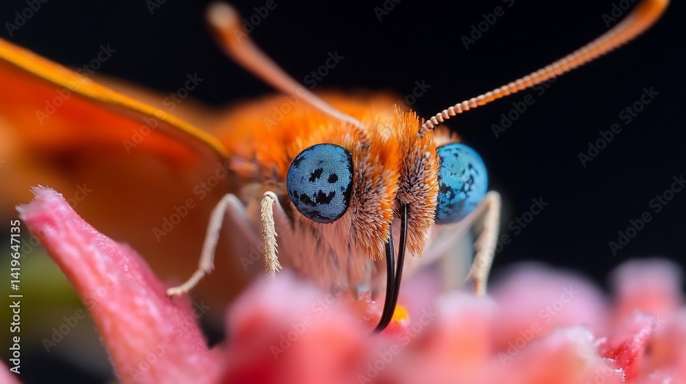 Aufkleber close-up macro shot of an orange butterfly with detailed blue eyes perched on a pink flower. soft li