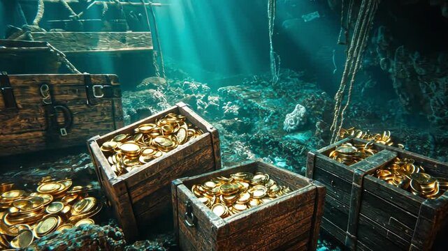 Immerse yourself in a world of adventure. This video showcases treasure chests overflowing with gold in an underwater scene. Perfect for cinematic storytelling. Generative AI