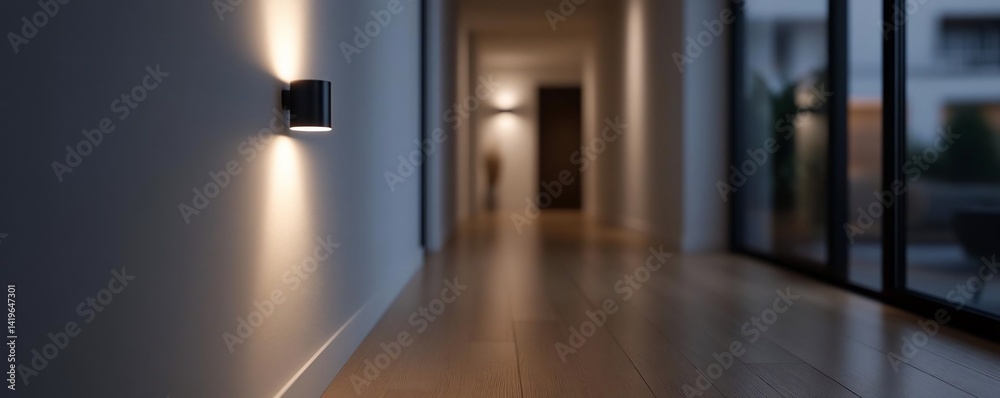 Poster long interior hallway illuminated with warm light from wall fixtures wooden floor leads to a blurred
