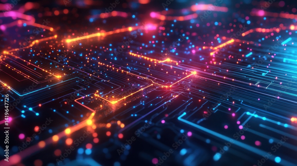 Poster abstract digital network: glowing circuitry and data flow