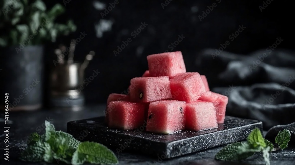 Aufkleber close-up view of freshly cut watermelon cubes artfully arranged on a textured black surface with gre