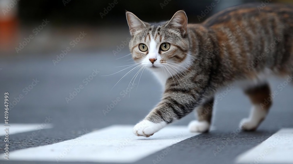 Aufkleber cat walking across a pedestrian crosswalk with a blurred background. it's a close-up shot with selec
