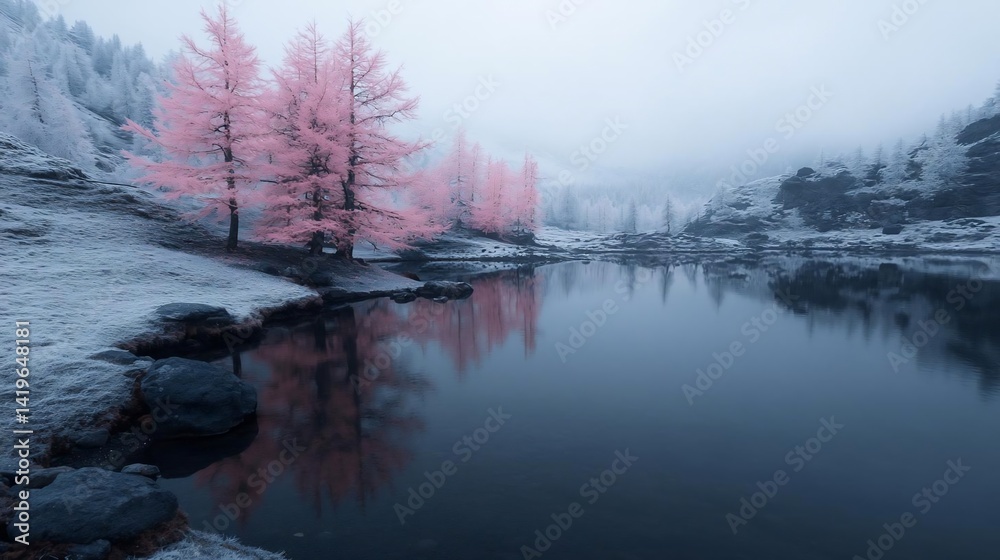 Poster serene landscape featuring a reflective lake surrounded by frosted trees and soft pink cherry blosso