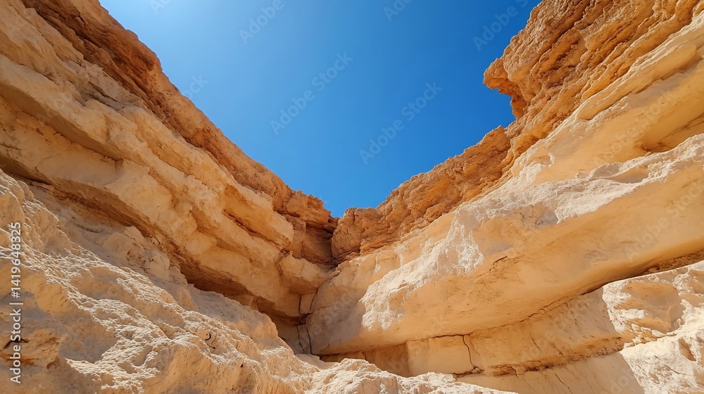 Poster view of layered stone formations with a clear blue sky background. the sunlit cliffs have a rough te