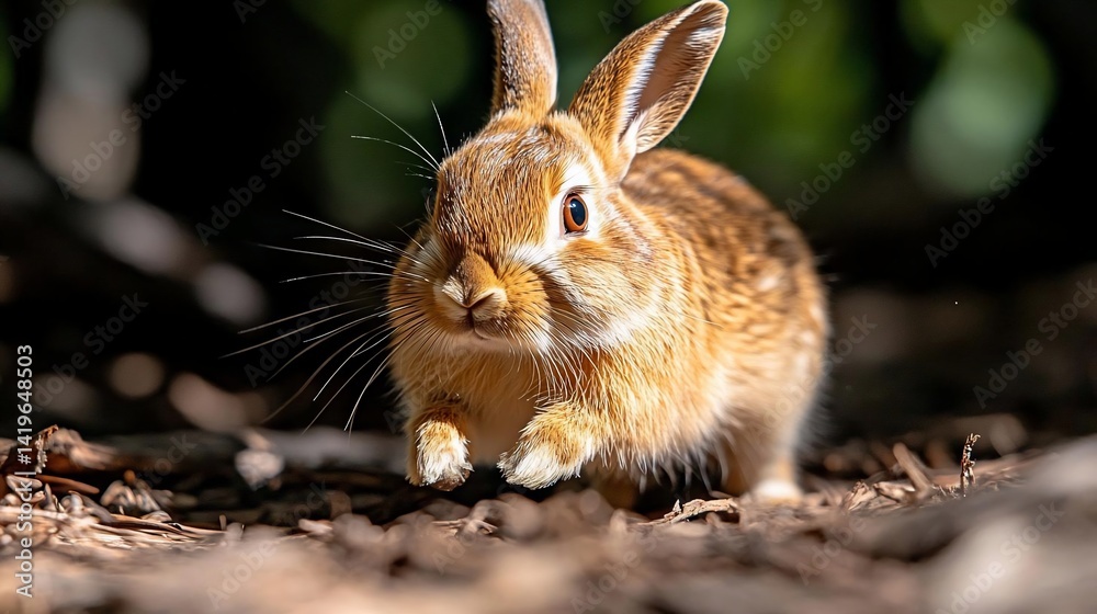 Poster close up shot of a brown rabbit in natural outdoor environment. the rabbit is standing with a focuse