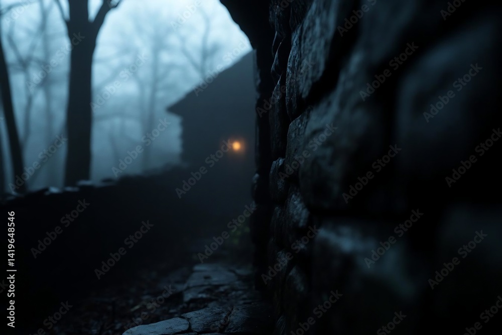 Aufkleber Mysterious cabin scene in a foggy forest featuring a stone wall in the foreground. Soft light emits from the cabin's window creating a dramatic atmosphere
