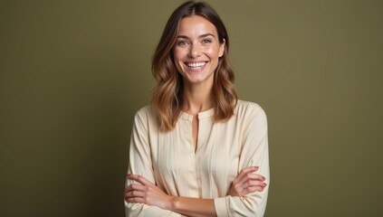 Headshot portrait of confident young businesswoman in formalwear isolated on green studio background show leadership qualities. Smiling successful woman employee or boss profile picture