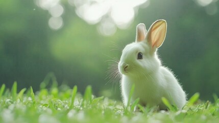 Adorable White Rabbit Sitting Gracefully in a Green Meadow