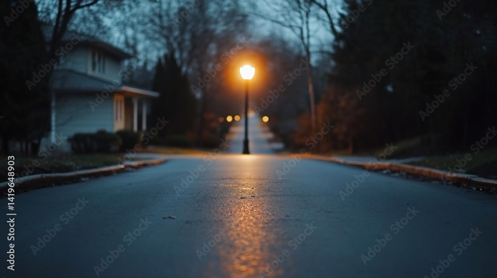 Poster a wet asphalt road receding towards illuminated streetlights at dusk. buildings line the road, with 
