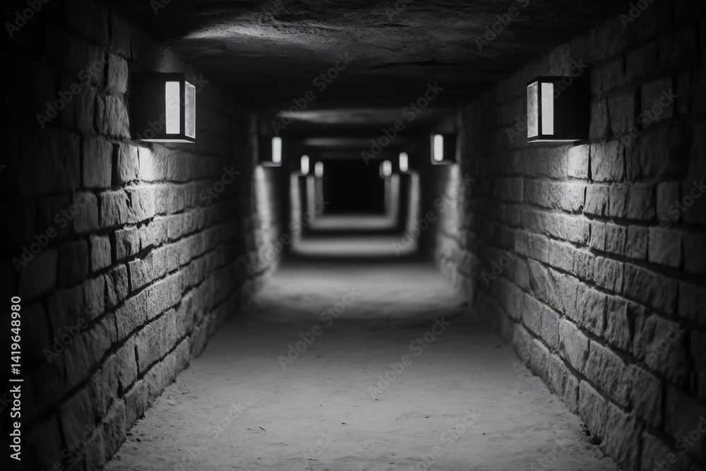 Poster dark tunnel interior with illuminated wall lights and textured stone brick walls creating a sense of
