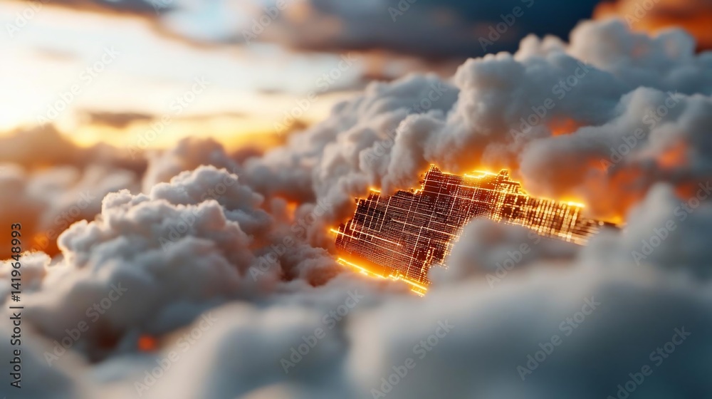 Poster Abstract representation of glowing lights within fluffy clouds during sunset with warm color tones