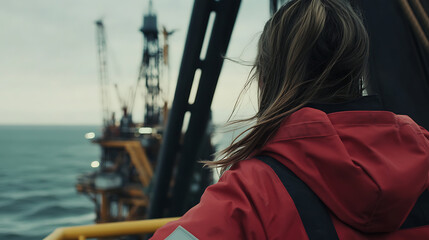 A female offshore worker adjusting machinery on the rig platform. Featuring skill and technical precision