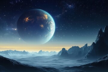 Celestial landscape depicting a distant planet with mountains and starlit sky
