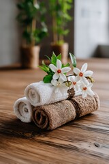 Relaxing spa experience rolled towels and flowers in a cozy natural environment