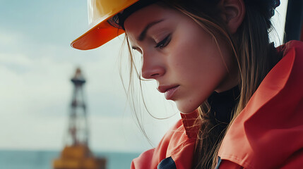 A female offshore worker adjusting navigation systems on the rig. Featuring technical expertise and attention to detail