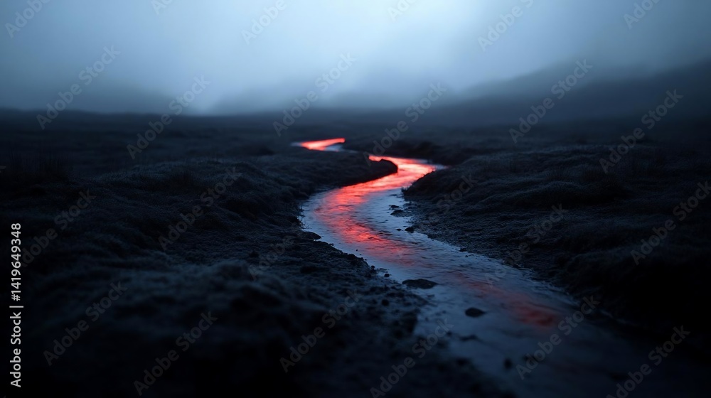 Aufkleber surreal landscape with a glowing river meandering through dark terrain. atmospheric fog and muted to
