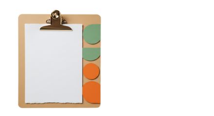 A clipboard with a blank white sheet and colorful round stickers on a light brown background surface