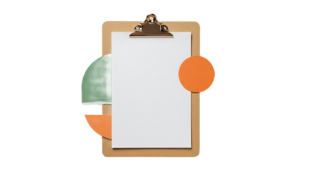 Clipboard with blank white paper and geometric shapes against a black background studio shot