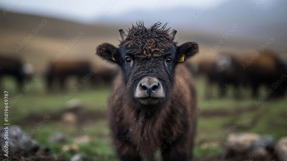 Poster Close up portrait of an animal with focus on the face with other animals in the blurred background at the field. Moody lighting and natural setting