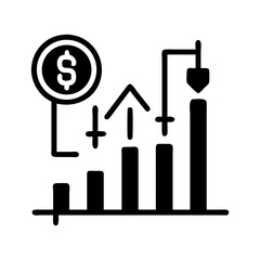 Analyzing financial growth chart with dollar coin and arrow icons representing market trends and investment