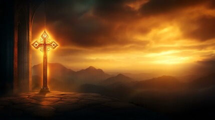 Fototapeta premium A glowing cross against a dramatic sunset backdrop in a serene landscape.