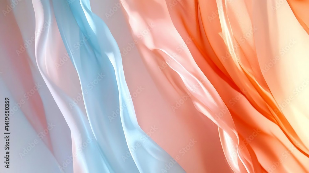 Fototapete Abstract background of flowing fabric in shades of blue peach and orange creating a soft and ethereal visual. Gentle light and shadow play emphasizes the textures