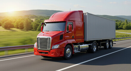 Red semi-truck cruising on highway, showcasing transportation and logistics