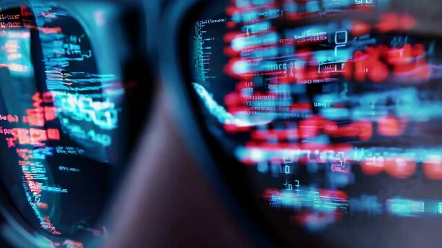 A programmer focuses on their work in a darkened setting, with lines of vibrant code clearly visible in the reflection of their glasses. The atmosphere is intense yet professional.